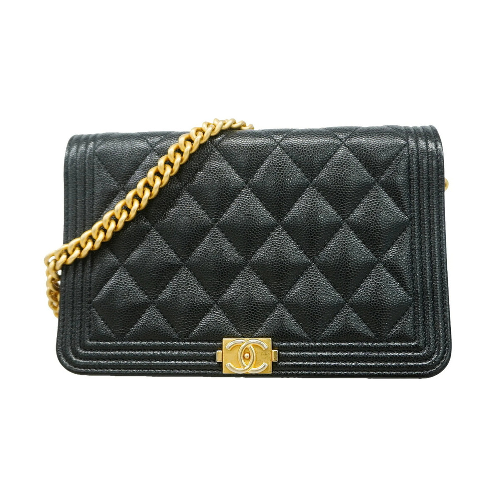 Chanel Boy Chain Shoulder Wallet, Caviar Leather, Black, Women's OP026643